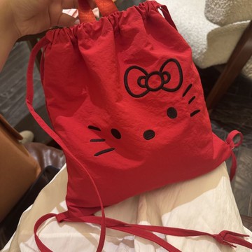 kitty後背包 紅色塔絲隆刺繡kitty抽繩式雙肩包包