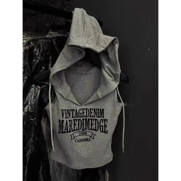 新款辣妹設計感連帽背心女外穿小眾字母印花無袖短款上衣女裝夏季