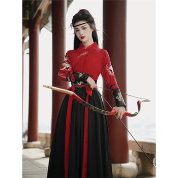 原創俠客漢服女中國風紅色舞蹈演出服春秋武俠古裝帥氣初中生全套