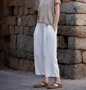 復古文青 亞麻9分褲 舒適直筒褲