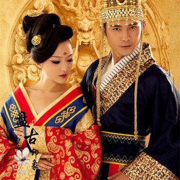 影樓攝影寫真情侶古裝主題唐裝漢服皇帝皇后表演演出服裝千秋歲引
