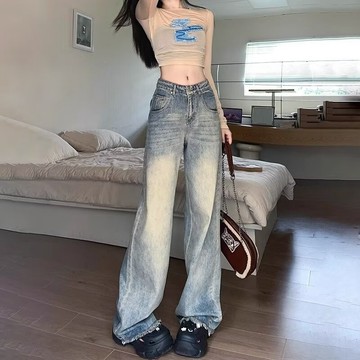 【免費參觀】牛仔褲 牛仔長褲 長褲女 褲子 美式復古深藍色牛仔褲女裝歐美穿搭時尚風褲子高腰直筒微喇闊腿褲