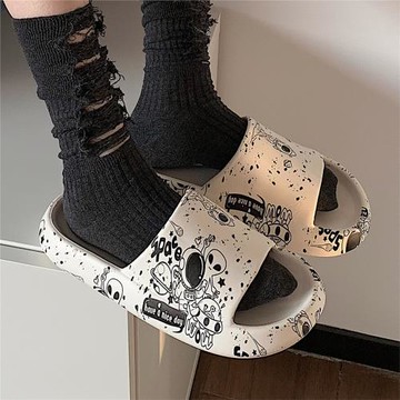 外穿街頭風個性涂鴉涼拖鞋女夏季情侶時尚防滑軟厚底居家拖鞋男