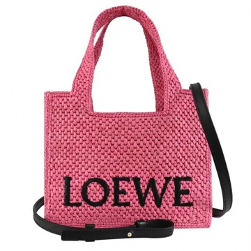 LOEWE Font 品牌LOGO渡假風草編手提兩用小號托特包.桃粉