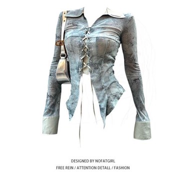 大碼胖妹妹美式復古辣妹綁帶襯衫女2025春秋收腰小眾設計感上衣潮