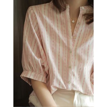 2025年夏季新款女裝復古洋氣高端條紋上衣減齡寬松百搭五分袖襯衫