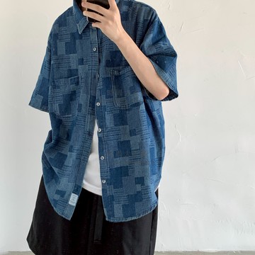 古著感格子牛仔襯衫男設計感小眾日系復古短袖襯衣夏季【時尚大衣櫥】