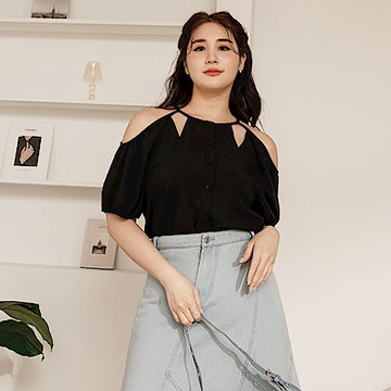 雲朵自訂款-小露肩挖洞開襟泡泡袖上衣-OB大尺碼