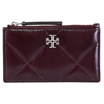 TORY BURCH 金屬LOGO菱格絎縫皮革拉鍊零錢包(酒紅)