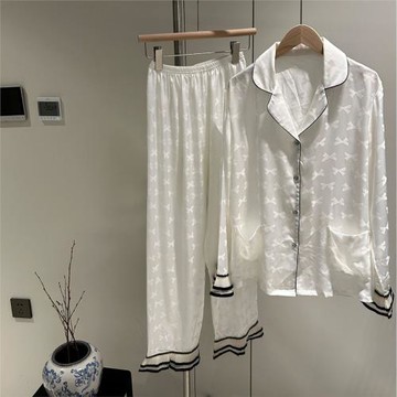 小香風春秋黑白色薄款女式居家仿真絲睡衣女冰絲寬松奢華歐美ins