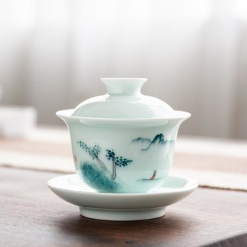 手繪蓋碗 茶杯陶瓷功夫茶具家用大號泡茶碗杯白瓷敬茶杯三才蓋碗