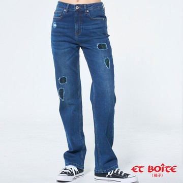 ETBOITE箱子 BLUE WAY –格子補丁高腰丹寧直筒褲