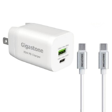GIGASTONE 立達 PD/QC3.0 33W快充充電器 + C to C 60W充電傳輸線 iPhone16/Android/安卓手機充電頭組  1組  白色