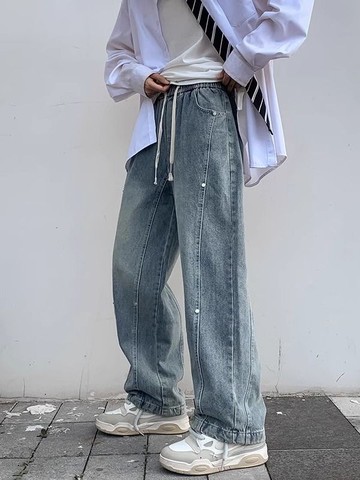 【T-2】🖤 鬆緊腰 牛仔褲 男街頭 美式 複古 潮牌 鉚釘 設計感 高街 寬鬆 直筒 闊腿 長褲