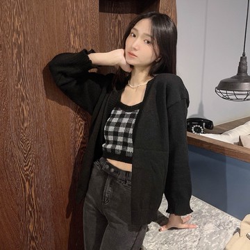 格紋背心+寬袖外套【8232】33女裝批發 秋冬新款韓系INS休閒百搭氣質撞色長袖吊帶背心 格紋套裝 開衫外套 女生上衣