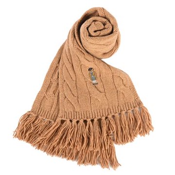 RALPH LAUREN POLO 小熊刺繡素面絞花流蘇針織圍巾-暖駝色