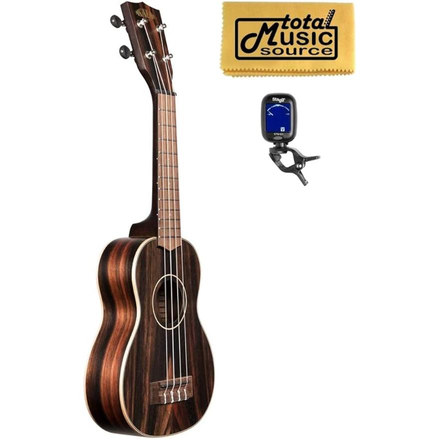 Kala KA-EBY-S Soprano Striped Ebony Satin Finish Ukulele w  Tuner