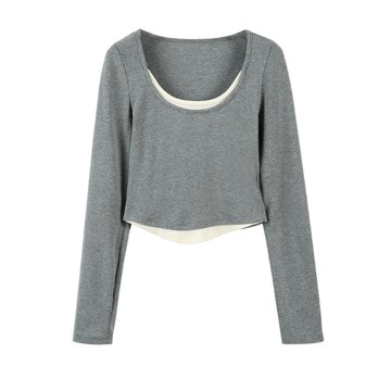 9th street 假兩件U領短版T恤｜秋冬緊身長袖上衣・修身顯瘦內搭款 (預購)