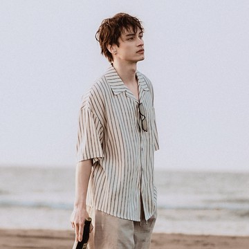 JERSCY [亞麻條紋古巴領襯衫] 襯衫 男襯衫 短袖襯衫 [1515001]