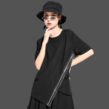 歐美風潮流新品個性斜拉鏈不規則下擺薄T恤2025女夏寬松休閑上衣