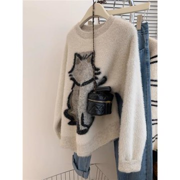 秋冬水貂絨套頭毛衣女秋冬加厚寬松慵懶風小個子外穿高級感超好看