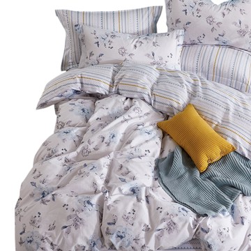 eyah 宜雅 200織純棉床包 + 枕套 2個 晚空 藍 台灣製  Queen Size  花卉 + 藍色