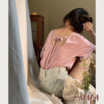 夏季T卹 寬鬆小眾短袖 顯瘦設計蝴蝶結上衣 露背T恤 韓版氣質百搭 ins 減齡圓領短袖上衣 短袖t恤 甜美風 氣質t恤