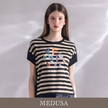 現貨【MEDUSA 曼度莎】條紋彩色字母拼接休閒T恤（M-XL）｜短袖T恤 女上衣 T恤穿搭