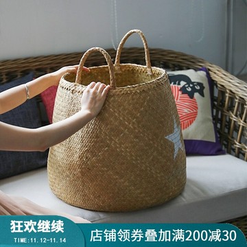 草編圓形臟衣服洗衣籃 北歐風加厚編織臟衣桶 手提玩具雜物收納筐