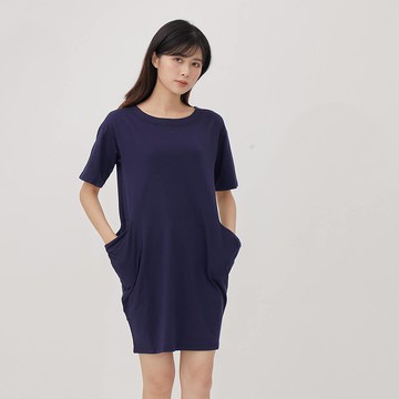 法國小毛圈寬口袋及膝洋裝/深藍