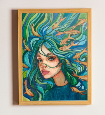 原創水彩畫-魚，海底世界，藍色，自然，女性形象