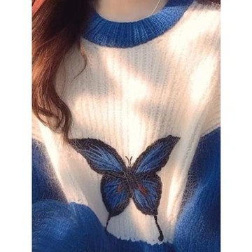 慵懶風撞色克萊因藍軟糯毛衣女2025秋冬新款寬松韓版蝴蝶印花上衣