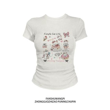 美式趣味卡通短袖t恤女2025夏季甜辣妹修身收腰顯瘦短款正肩上衣