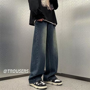 美式高街水洗牛仔褲男士寬松直筒春秋闊腿休閑日系復古潮牌長褲子