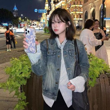 【小個子】145cm 小個子穿搭 韓版短款牛仔外套 復古休閒牛仔外套 小個子短款外套 美式寬鬆上衣韓系 挺版外套 秋冬