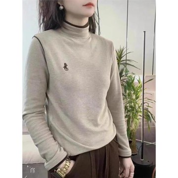 拼接半高領雙面加絨上衣打底衫女2025冬新款百搭保暖德絨內搭小衫