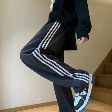 條紋校服衛褲男春秋直筒寬松休閑長褲垂感高級感美式復古vibe褲子