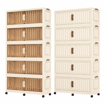 【好氣氛家居】92面寬五層雙開門摺疊帶輪收納櫃/置物櫃(抽屜櫃/收納箱/收納架/層架茶色透明