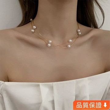 台灣出貨 雙層疊戴珍珠chocker鎖骨鏈ins潮高級感複古輕奢氣質優雅項鏈女 8 G 9 D