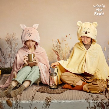 【情人節禮盒】迪士尼 森林維尼連帽絨毛萬用毯-粉色小豬