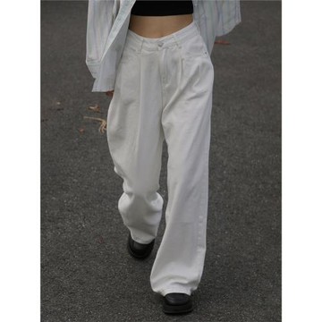 BUBU 白色高腰闊腿牛仔長褲寬松顯瘦百搭垂感直筒拖地休閑褲子女