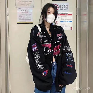 2024春秋新款潮複古美式賽車服機車女寬鬆夾剋棒球服印花百搭 防風外套 空調服 抗uv 外套 工裝外套 運動外套 風衣