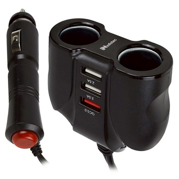 infotec 英富達 QC3.0 車用帶線雙點煙孔擴充快充器 +3埠USB充電孔  CC-105  黑色