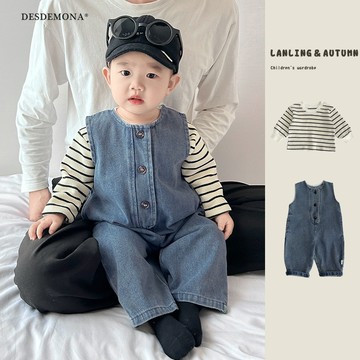 新品上新      秋季男女寶條紋上衣衣服+牛仔背心長爬衣服兩件套裝  帥氣可愛百搭時尚套裝