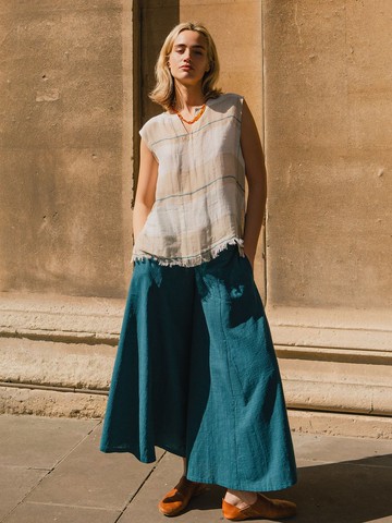 手工棉麻寬擺褲裙 - 藍綠