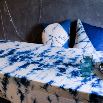 台灣發貨 冰花桌布手工紮染藍染純棉蓋巾 原創設計天然草木染