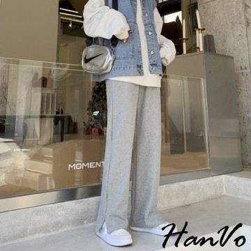 【HanVo】設計感拉鏈開岔休閒寬褲 高挑顯瘦鬆緊闊腿褲 休閒時尚百搭長褲 韓國韓系女裝 女生衣著 A04-2576