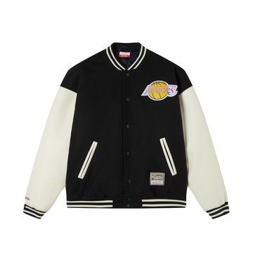 M&N NBA LEATHER SLEEVE JACKET 皮革袖 鋪棉 棒球外套 湖人隊