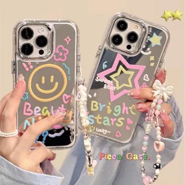涂鴉星星笑臉鏈條適用三星s24ultra手機殼鏡面s23fe/s22新款網紅s21/s20fe保護套note20小眾a15/a55防摔a35