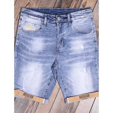 潮牌夏季短褲破洞印花修身直筒牛仔褲休閑刺繡淺色五分彈力中褲男